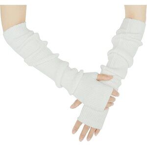 Women's White Soft Cozy Arm Warmers Fingerless Knitted Long Gloves Winter